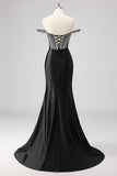 Sparkly Black Mermaid Off the Shoulder Beaded Long Prom Dress with Slit