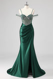 Sparkly Mermaid Cold Shoulder Beaded Dark Green Long Prom Dress with Slit