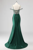 Sparkly Black Mermaid Off the Shoulder Beaded Long Prom Dress with Slit