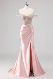 Sparkly Mermaid Cold Shoulder Beaded Long Pink Prom Dress with Slit