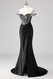 Sparkly Black Mermaid Off the Shoulder Beaded Long Prom Dress with Slit
