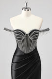 Sparkly Black Mermaid Off the Shoulder Beaded Long Prom Dress with Slit