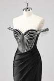 Sparkly Black Mermaid Off the Shoulder Beaded Long Prom Dress with Slit