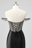 Sparkly Black Mermaid Off the Shoulder Beaded Long Prom Dress with Slit