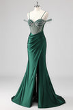 Sparkly Black Mermaid Off the Shoulder Beaded Long Prom Dress with Slit