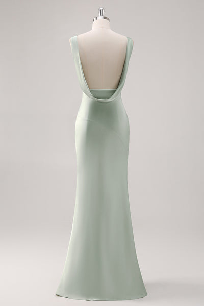 Zapaka Women Sage Green Backless Bridesmaid Dress V Neck Satin Sheath Long Wedding Guest Dress, Sage / US18W