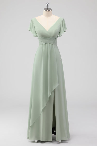 Zapaka Women Sage Green A-Line Chiffon Bridesmaid Dress V-neck Long Wedding Guest Dress with Short Sleeves, Sage / US14