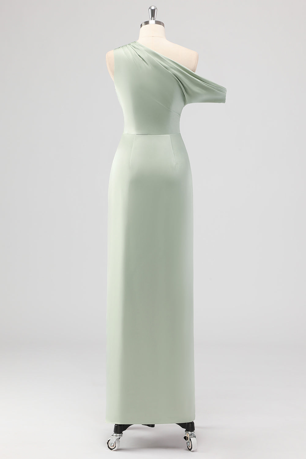 Sage Green One Shoulder Satin Ruched Sheath Long Bridesmaid Dress