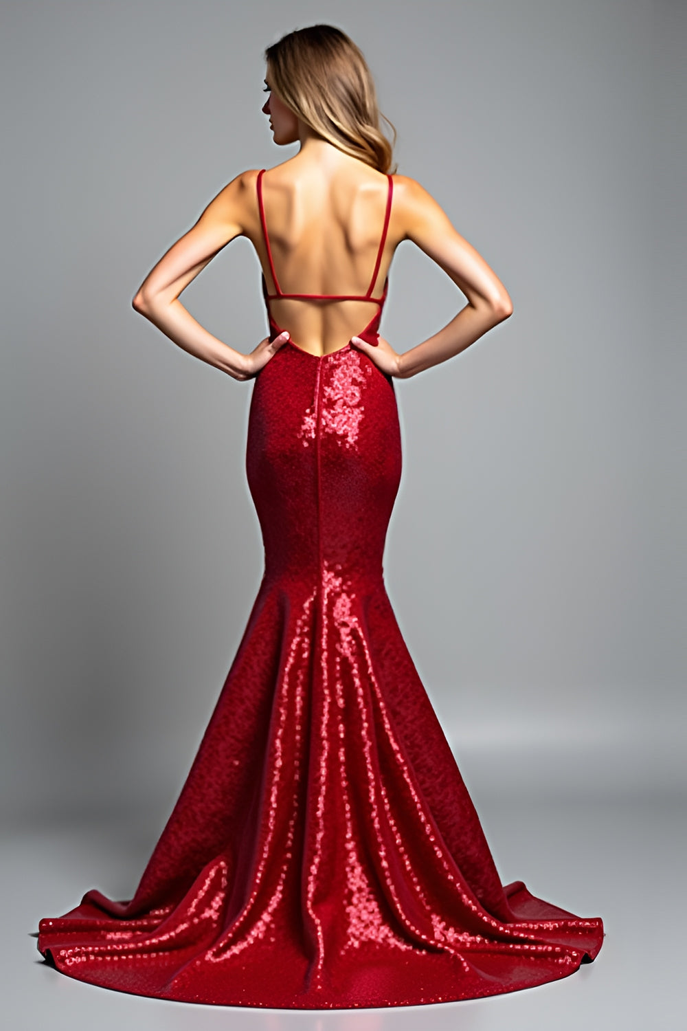 Red Mermaid Spaghetti Straps Sequined Prom Dress