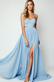 Blue Cut Out A-Line Sweetheart Long Wedding Guest Dress with Slit