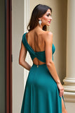 Peacock Green A Line One Shoulder Ruched Long Prom Dress With Slit