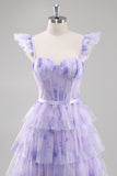Lavender A Line Tiered Tulle Long Prom Dress with Slit