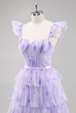 Lavender A Line Tiered Tulle Long Prom Dress with Slit