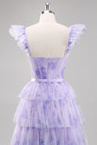 Lavender A Line Tiered Tulle Long Prom Dress with Slit
