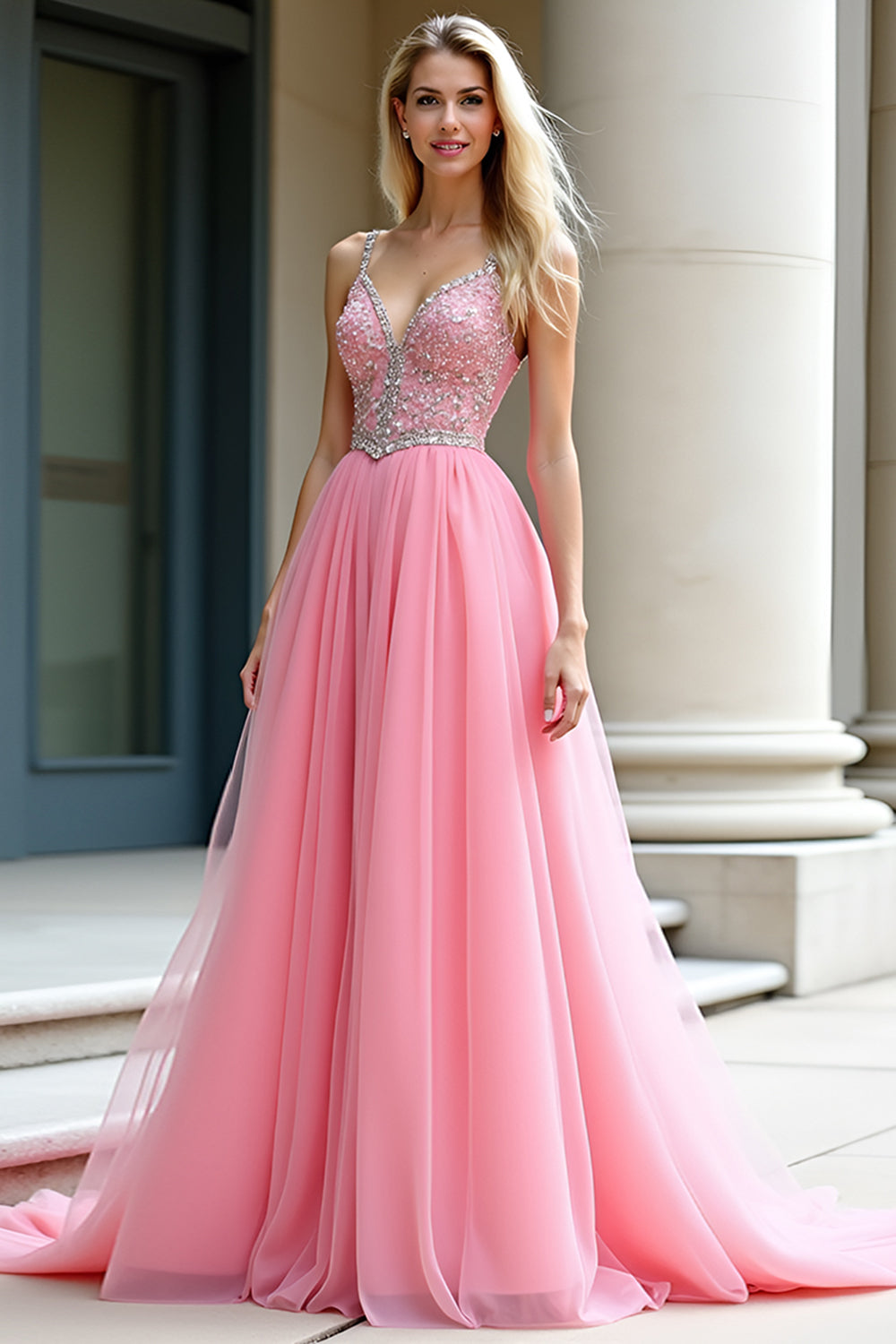 Pink A-Line Spaghetti Straps Tulle Long Prom Dress with Beading