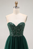 Dark Green Sequin Strapless A Line Long Prom Dress