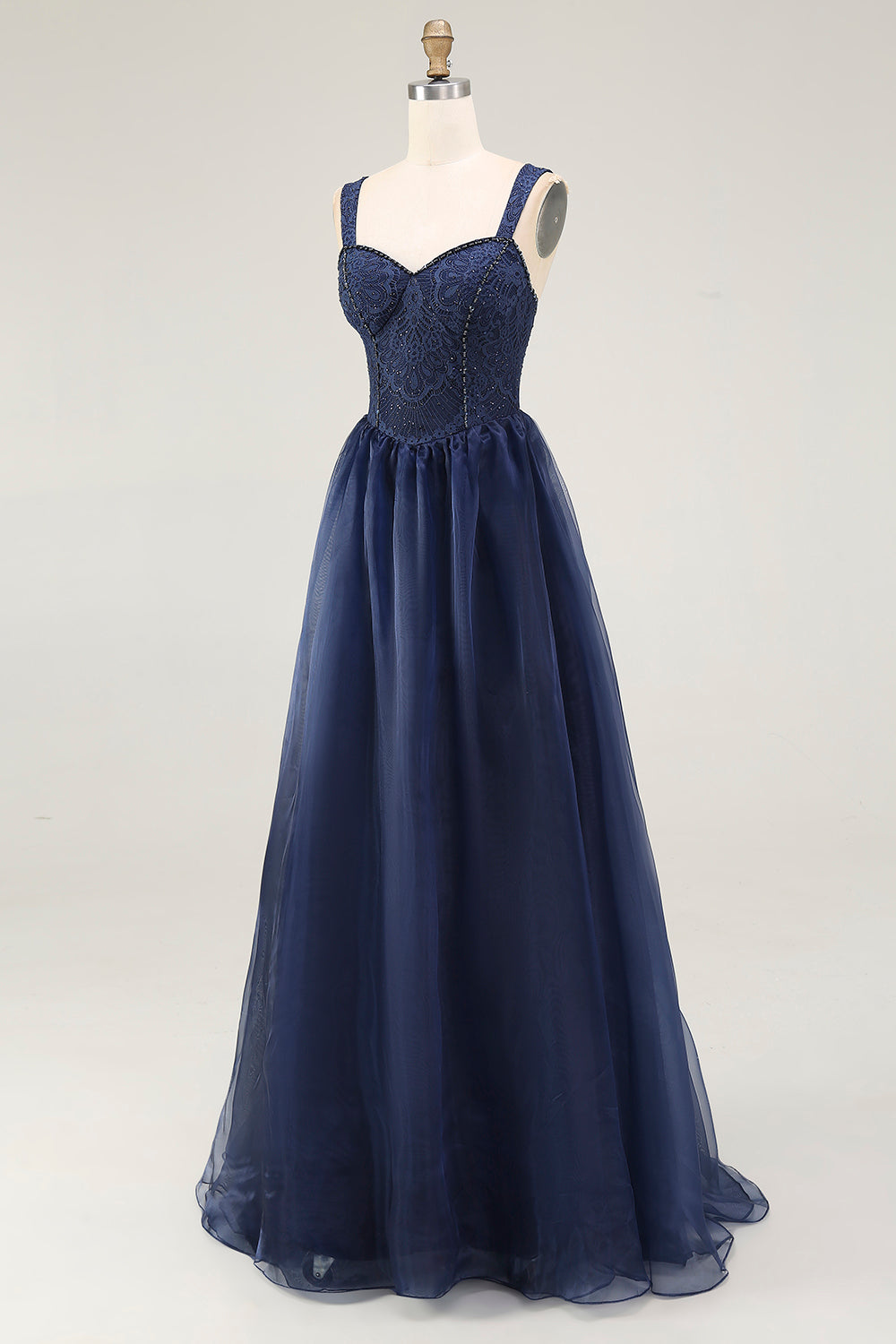 Navy Spaghetti Straps A Line Lace Long Prom Dress