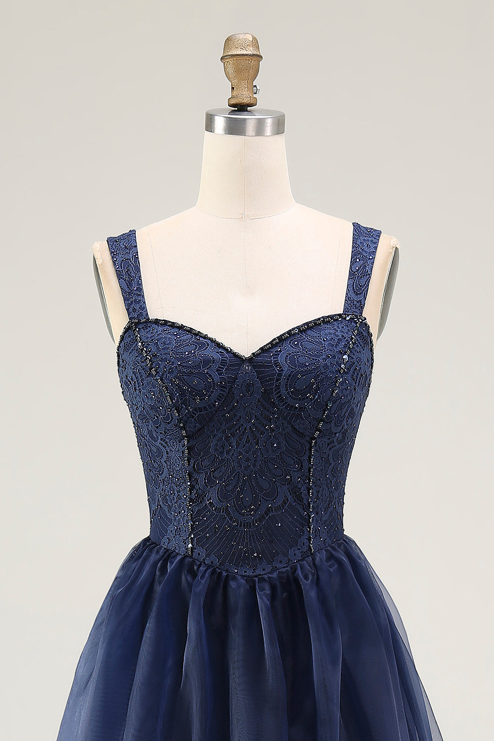 Navy Spaghetti Straps A Line Lace Long Prom Dress