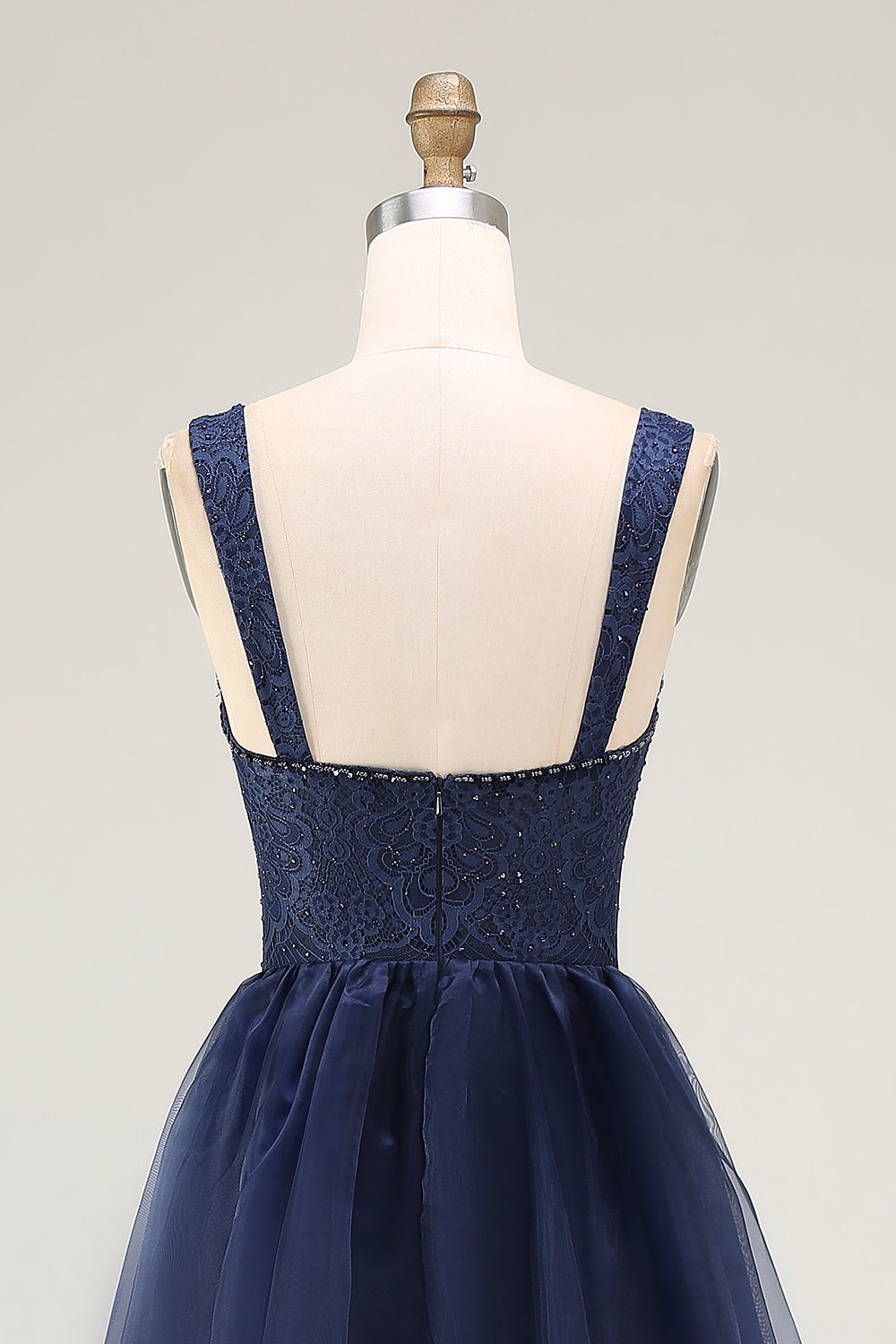 Navy Spaghetti Straps A Line Lace Long Prom Dress