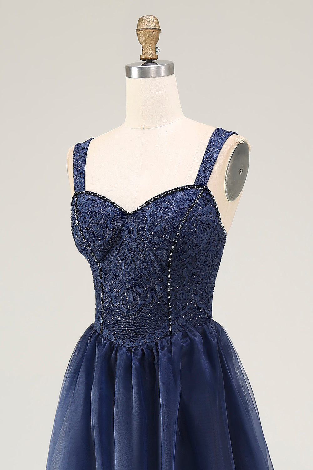 Navy Spaghetti Straps A Line Lace Long Prom Dress