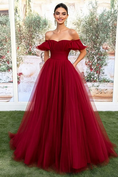 ZAPAKA Women Burgundy Prom Dress Off the Shoulder Tulle A-Line Long Formal Dress, Burgundy / UK18
