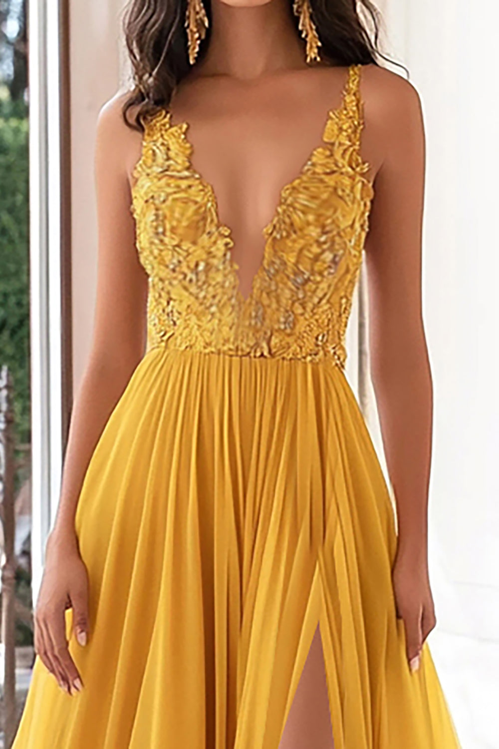 Yellow Chiffon V-Neck A-Line Appliqued Long Prom Dress with Slit