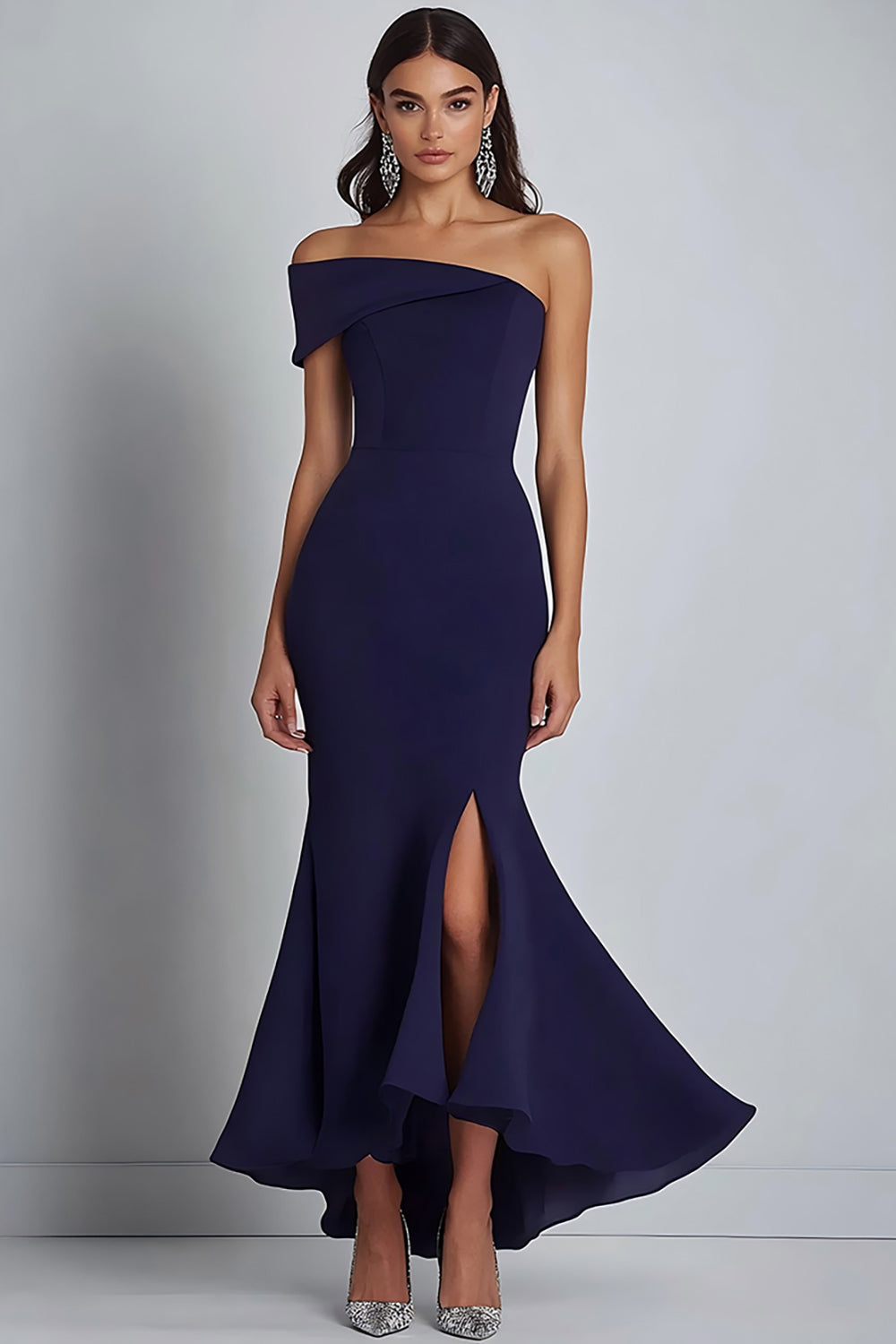 Navy Crepe One Shoulder Sheath Formal Dress with Slit