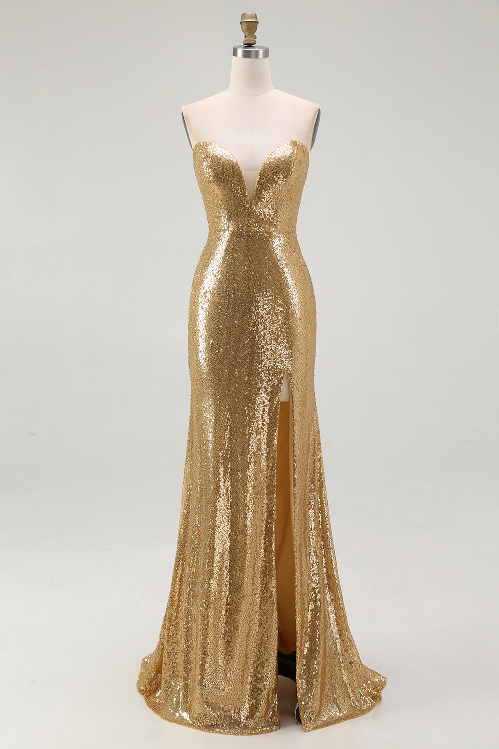 Sparkly Gold Sequins Strapless Mermaid Formal Dress with Slit
