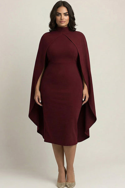 Zapaka Women Burgundy Midi Plus Size Formal Dress Sheath High Neck Party Dress with Cape, Burgundy / US22W
