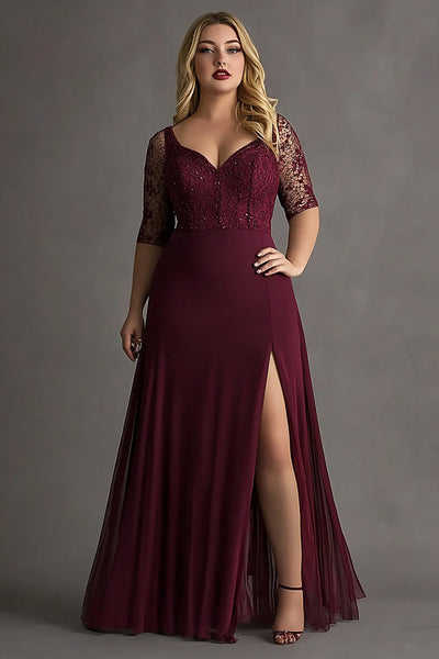 ZAPAKA Women Burgundy Long Choir Dress with Slit A Line Chiffon Half  Sleeves V-Neck Formal Dress with Lace
