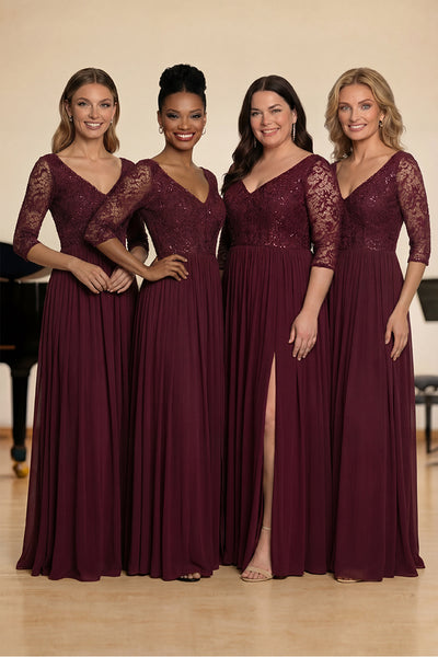 ZAPAKA Women Burgundy Long Choir Dress with Slit A Line Chiffon Half Sleeves V-Neck Formal Dress with Lace ZAPAKA Women Burgundy Long Choir Dress with Slit A Line Chiffon Half Sleeves V-Neck Formal Dress with Lace