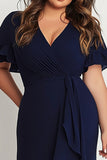 Mermaid Navy Short Sleeves Pleated Plus Long Formal Dress