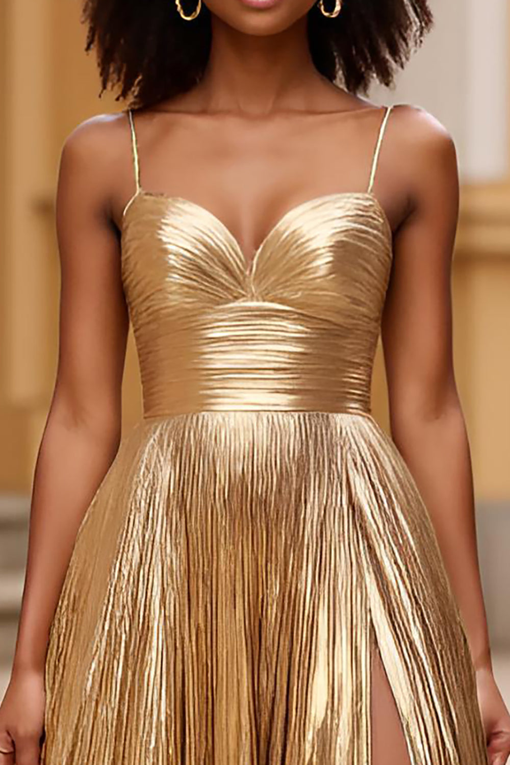 Gold Spaghetti Straps Glitter Long Prom Dress with Slit
