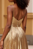 Gold Spaghetti Straps Glitter Long Prom Dress with Slit