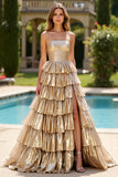 Gold A Line Strapless Glitter Tiered Long Prom Dress with Slit