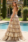 Gold A Line Strapless Glitter Tiered Long Prom Dress with Slit