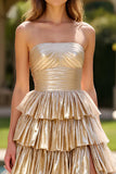 Gold A Line Strapless Glitter Tiered Long Prom Dress with Slit