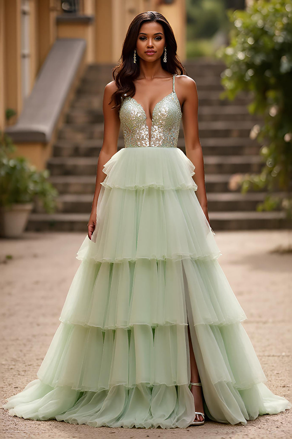 Sparkly Light Green Spaghetti Straps Tiered Long Prom Dress with Sequins