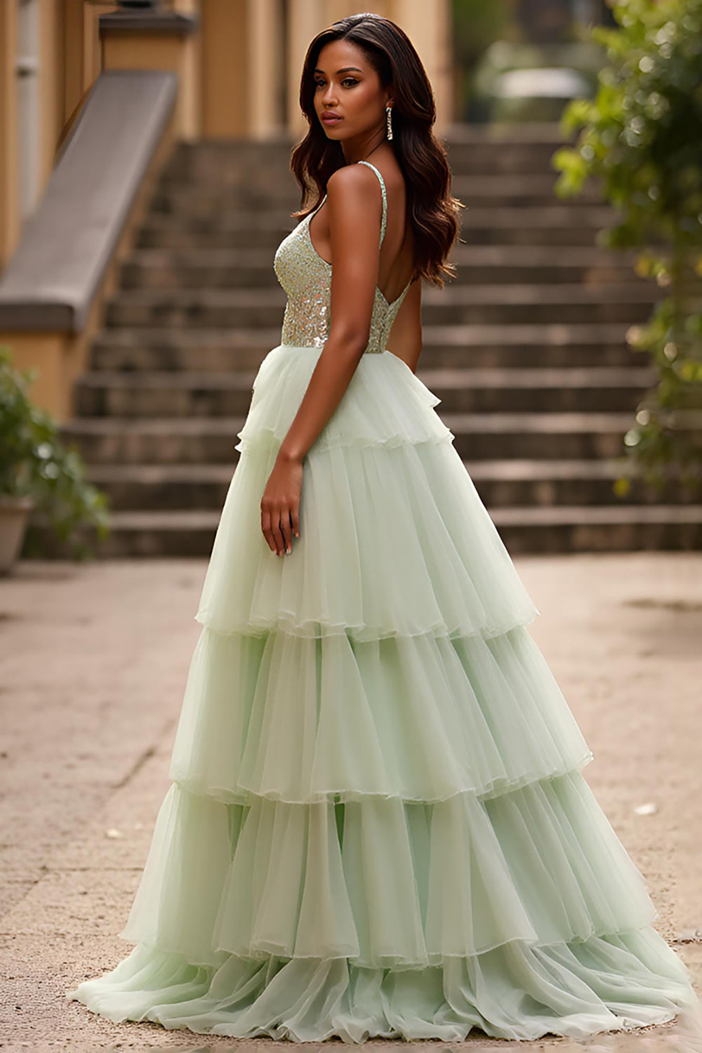 Sparkly Light Green Spaghetti Straps Tiered Long Prom Dress with Sequins
