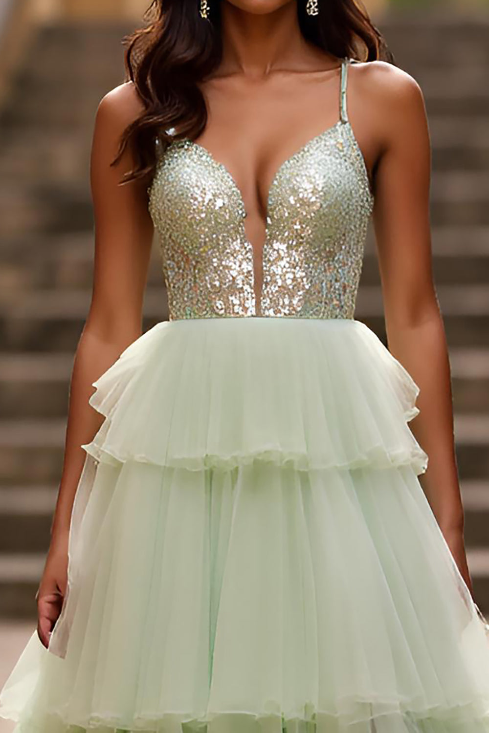 Sparkly Light Green Spaghetti Straps Tiered Long Prom Dress with Sequins