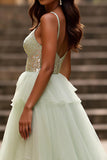 Sparkly Light Green Spaghetti Straps Tiered Long Prom Dress with Sequins
