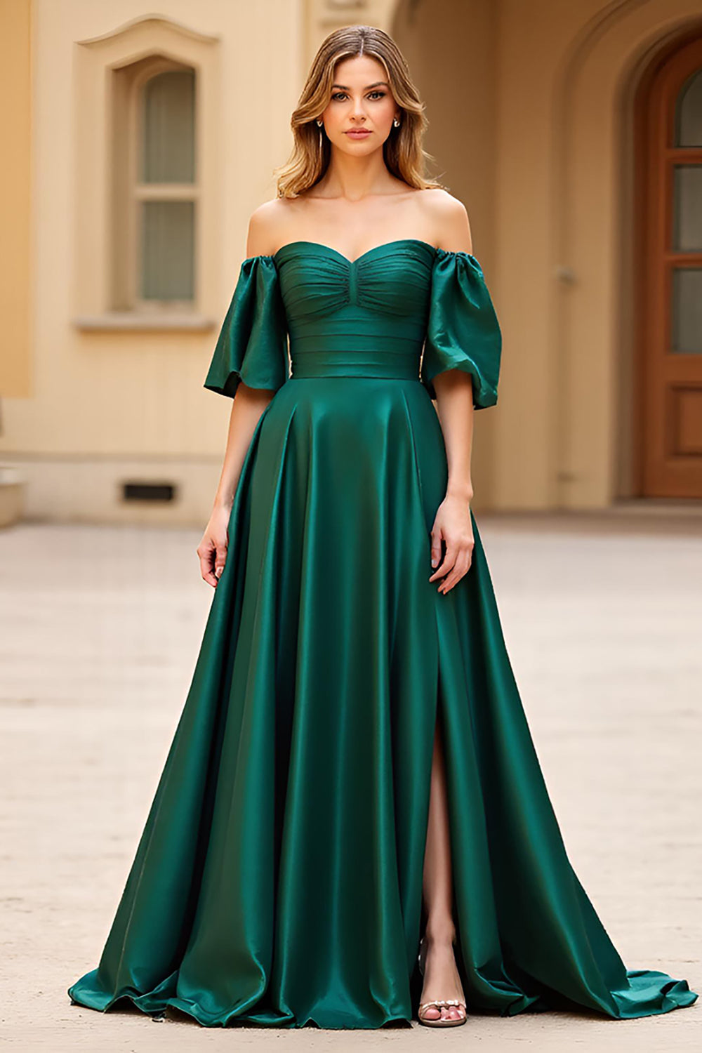 Dark Green Off the Shoulder Puff Sleeves Long Satin Prom Dress with Slit