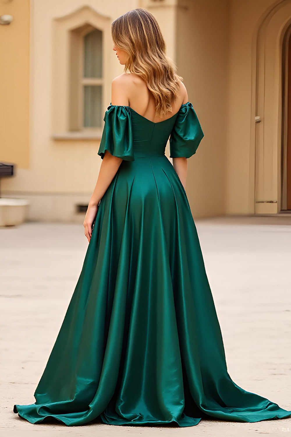 Dark Green Off the Shoulder Puff Sleeves Long Satin Prom Dress with Slit