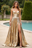 Glitter Gold A Line Ruched Strapless Prom Dress with Slit