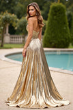 Glitter Gold A Line Ruched Strapless Prom Dress with Slit