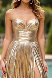 Glitter Gold A Line Ruched Strapless Prom Dress with Slit