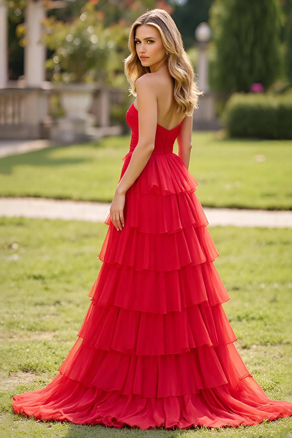 Strapless Tiered Red Tulle A Line Prom Dress with Slit