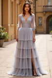 Grey Tulle A Line Long Sleeves Tiered Long Prom Dress