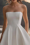 White Satin A Line Strapless Wedding Dress