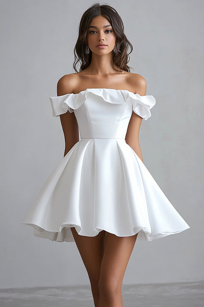 Zapaka Women Off The Shoulder White Graduation Dress A Line Satin Ruffled Little White Dress, Dusty Blue / US6 Zapaka Women Off The Shoulder White Graduation Dress A Line Satin Ruffled Little White Dress, Dusty Blue / US6